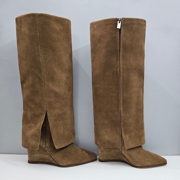 Vince Camuto Tibani Knee High Boot Women 9.5 Brown Suede Cuffed Wedge Heel NEW - Picture 3 of 16